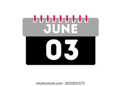 3 June month single day vector, illustration, calendar with ash, black, red and white color background calendar icon of June 3