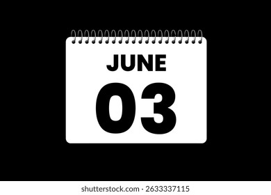 3 June month single day vector, illustration, calendar with black and white color background calendar icon of June 3