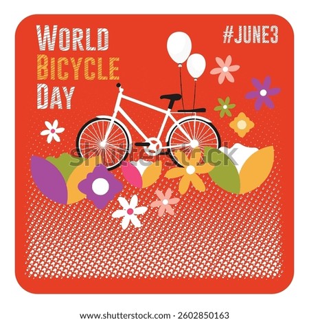 3 june World Bicycle Day featuring a bicycle with vibrant geometric patterns and floral elements. environment friendly travel method. World bicycle day concept. Flat vector illustration 