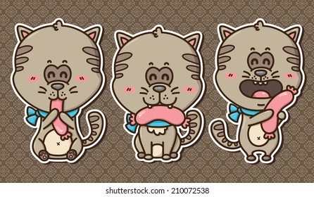 3 kawaii kittens. Vector illustration of 3 happy cartoon cats with sausages