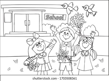 3 kids are going back to school with bouquets in their hands. Black and white vector for coloring, for card or gift. 