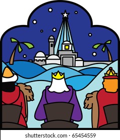 3 kings arriving at Bethlehem vector