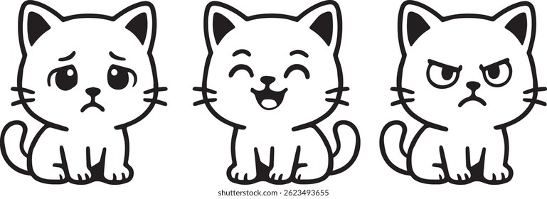 3 3 gatinhos com diferentes expressões estilo de contorno