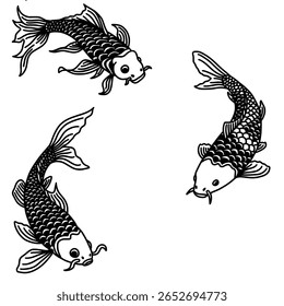 3 koi line art black and white tattoo design