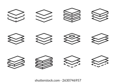 3 layer icon set, stack level concept, height floor, thin line symbol isolated on white background, editable stroke eps 10 vector illustration