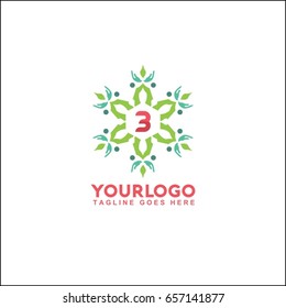3 letter trendy and elegant logo design. Vector floral shop or studio, wedding florist, custom. circle with flowers and leaves.