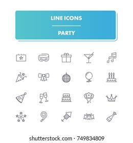 3. Line icons set. Party pack. Vector illustration for fun and happy event, holidays and leisure