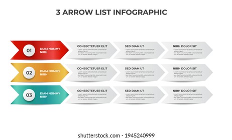 3 list of arrow process diagram with bullets and points, infographic element template vector