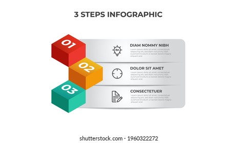 3 list of steps diagram, row layout with isometric number sequence, infographic element template vector