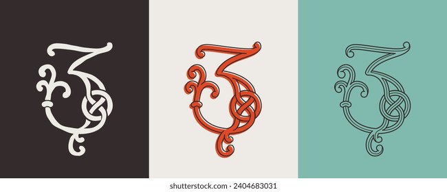 3 logo. Celtic number Three monograms. Insular style initial with knots and interwoven cords. British, Irish, or Saxons overlapping monogram. Medieval font for tattoo, St. Patrick day, and sportswear.