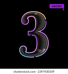 3 logo. Glossy black Three number icon with vivid neon lines. Rainbow gradient badge for Super Sale banner. Colorful vector emblem for Special Price design, Discount Offer labels, Coupon Template.