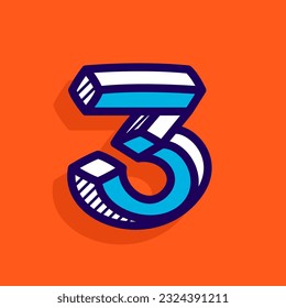 3 logotipo. Isométrico número tres. Líneas imposibles de vector emblema manuscrito. Diseño plano de sombra que se respira. Icono de brillo cúbico para etiquetas de geometría, titulares de ingeniería, afiches científicos, venta adv.