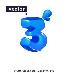 3 logo. Number three 3D render in cartoon cubic style made of blue clear water and dew drops. Eco-friendly vector illustration. Impossible isometric shapes. Perfect for nature banner, filter labels.