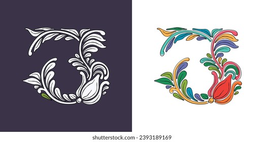 3 logo. Number three with botanical and flower pattern. Traditional leaves and curved lines embroidery ornament. Icon for wedding ceremony, vintage greeting cards, birthday identity, party invitations