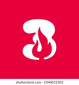 3 logo. Number three with fire flames. Negative space vintage icon. Burning fast speed emblem. Vector for sport team wear, danger race posters, victory identity, camping labels, motorcycle company.