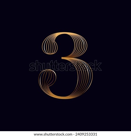 3 logo. Number three golden sign. Shiny icon made of parallel lines on black background. Metallic gold, bronze, silver emblem for Super Sale. VIP template for jewelry shop, luxury promo, lingerie adv.
