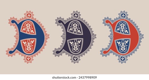 3 logo. Number three illuminated gothic monogram with naturalistic flowers ornament. Dark age german drop cap. Classic medieval red and blue Latin initials font based on XIV century manuscript.