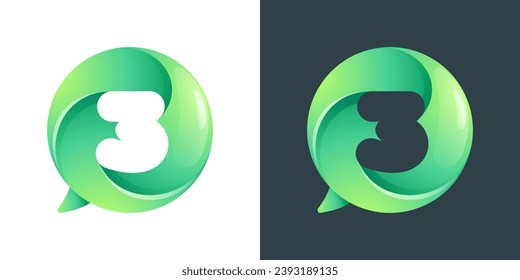 3 logo. Number three inside speech bubble with swirl pattern. Negative space style icon. Colorful gradient emblem for social media app, call center, online message, feedback icon, telemarketing screen