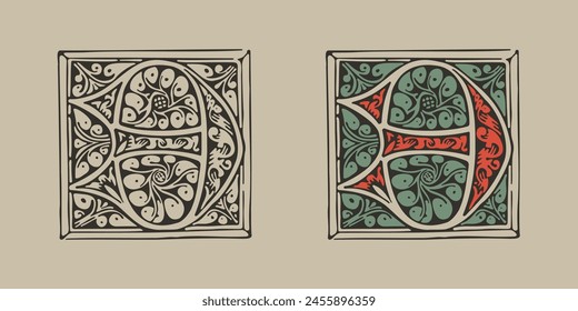 3 logotipo. Número tres inicial gótico medieval iluminado por adornos de follaje. Gorra alemana grabada. Emblema pintado a mano de la Edad Oscura. Fuente clásica de Latina basada en el manuscrito de adorno del siglo XV.