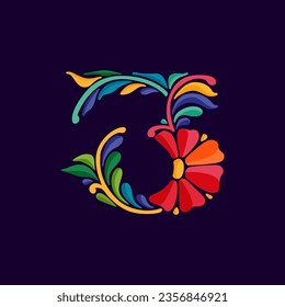 3 logo. Number three with Mexican colorful and ornate ethnic pattern. Traditional Aztec leaves and flowers embroidery ornament. Vector design for folk Spanish food, holidays, carnival, and party.