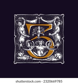 3 logo. Witchcraft number three sign. Gothic medieval initial. Devil, cancer and ghosts in hell. Engraving drop cap with dots pattern. Alchemy font for Halloween invitations, pagan black magic labels.