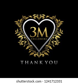 3 M thank you Gold balloons and colorful confetti, glitters. Luxury Design for Social Network friends, followers, Web user Thank you celebrate of subscribers or followers, likes.