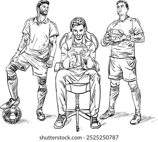 3 Male players, one seating, two standing