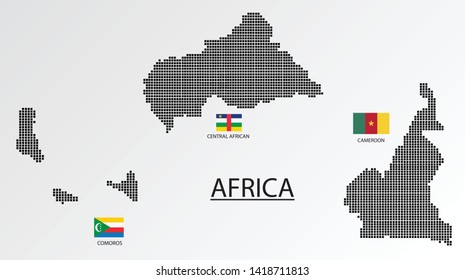 3 Map in Africa. Cameroon, Central African country, Comoros map design square with flag.