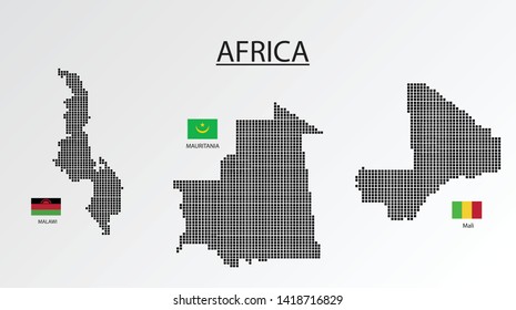 3 Map in Africa. Malawi, Mali, Mauritania map design square with flag.