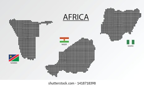 3 Map in Africa. Namibia, Niger, Nigeria map design square with flag.