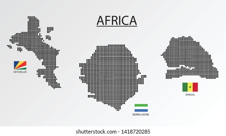 3 Map in Africa. Senegal, Seychelles, Sierra Leone map design square with flag.