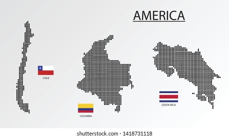 3 Map in America. Chile, Colombia, Costa rica map design square with flag.