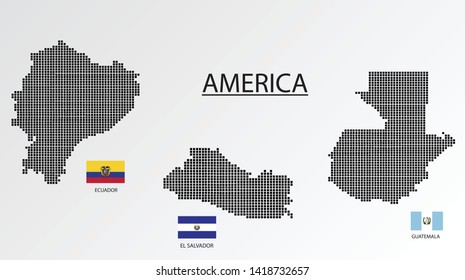 3 Map in America. Ecuador, El Salvador, Guatemala map design square with flag.