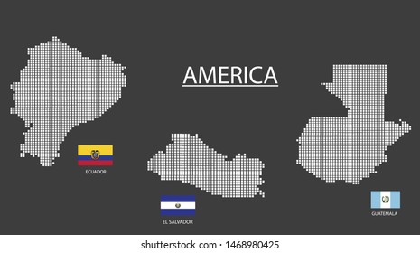 3 Map in America. Ecuador, El Salvador, Guatemala map design square with flag.