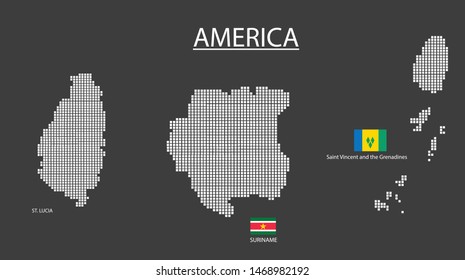 3 Map in America. Saint Vincent and the Grenadines, St. Lucia, Suriname map design square with flag.
