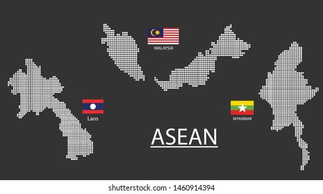 3 Map in Asean. Laos, Malaysia, Myanmar map design square with flag.