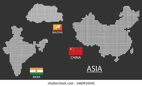 3 Map in Asia. Bhutan, China, India map design square with flag.