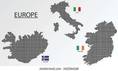 3 Map in Europe. Iceland, Ireland, Italy map design square with flag. 