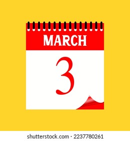 3 March 2023. Icon calendar day. Days of the year. Vector illustration sign label. Event schedule date. Meeting appointment time. Agenda plan. Yellow Background