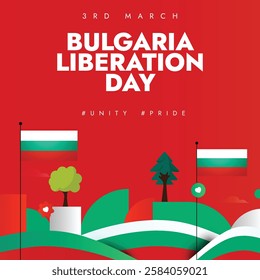 3 March 2025 Bulgaria Liberation Day. Bulgaria Liberation Day poster shows Bulgarian flag with abstract shapes in a vibrant red, green and white colour conveys message of unity and pride. Illustration