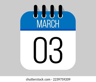 3 March calendar icon. Blue calendar vector for March weekdays. Calendar page design on isolated background