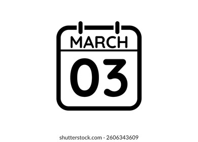 3 March calendar icon text page monthly web design on black and white background vector, icon, or illustration with the month of March 3