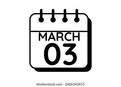 3 March calendar icon text page monthly web design on black and white background vector, icon, or illustration with the month of March 3