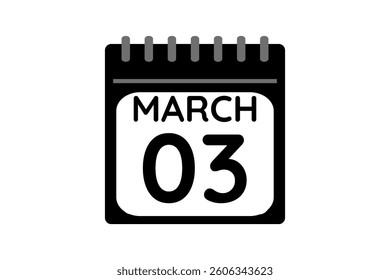 3 March calendar icon text page monthly web design on black and white background vector, icon, or illustration with the month of March 3