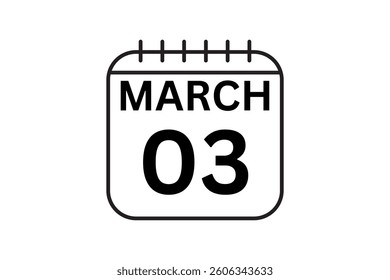 3 March calendar icon text page monthly web design on black and white background vector, icon, or illustration with the month of March 3