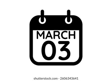 3 March calendar icon text page monthly web design on black and white background vector, icon, or illustration with the month of March 3