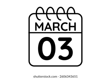 3 March calendar icon text page monthly web design on black and white background vector, icon, or illustration with the month of March 3