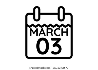 3 March calendar icon text page monthly web design on black and white background vector, icon, or illustration with the month of March 3