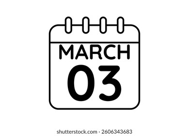 3 March calendar icon text page monthly web design on black and white background vector, icon, or illustration with the month of March 3