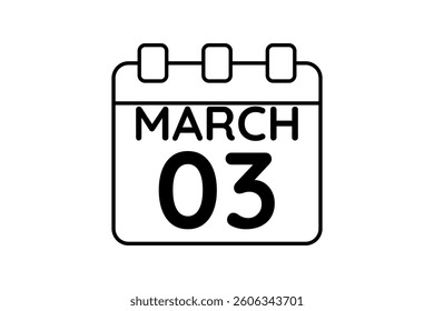 3 March calendar icon text page monthly web design on black and white background vector, icon, or illustration with the month of March 3